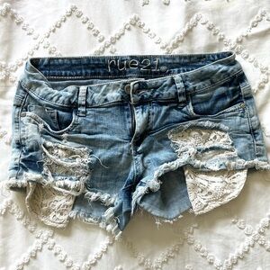 Rue21 Blue Distressed Jean Shorts with Lace Detail